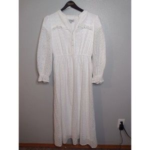 Polagram Womens Eyelet Lace Maxi Dress Small White L/S Peasant Festival Boho H